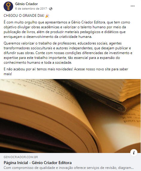 Post de lançamento da Gênio Criador Editora no Facebook, em 2017